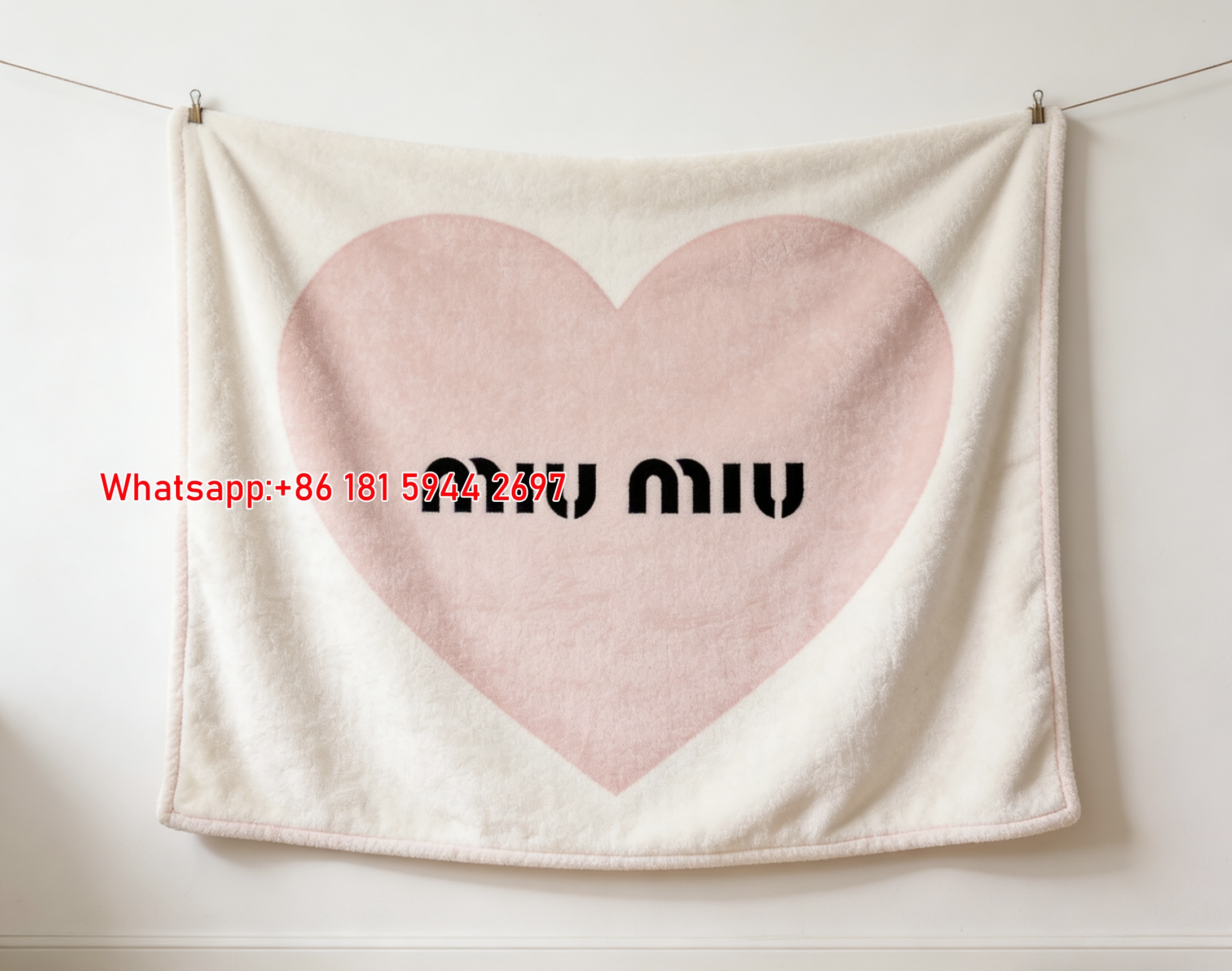 Miu Miu Soft Light Pink Heart Logo Print Flannel Throw Blanket IMG_0394